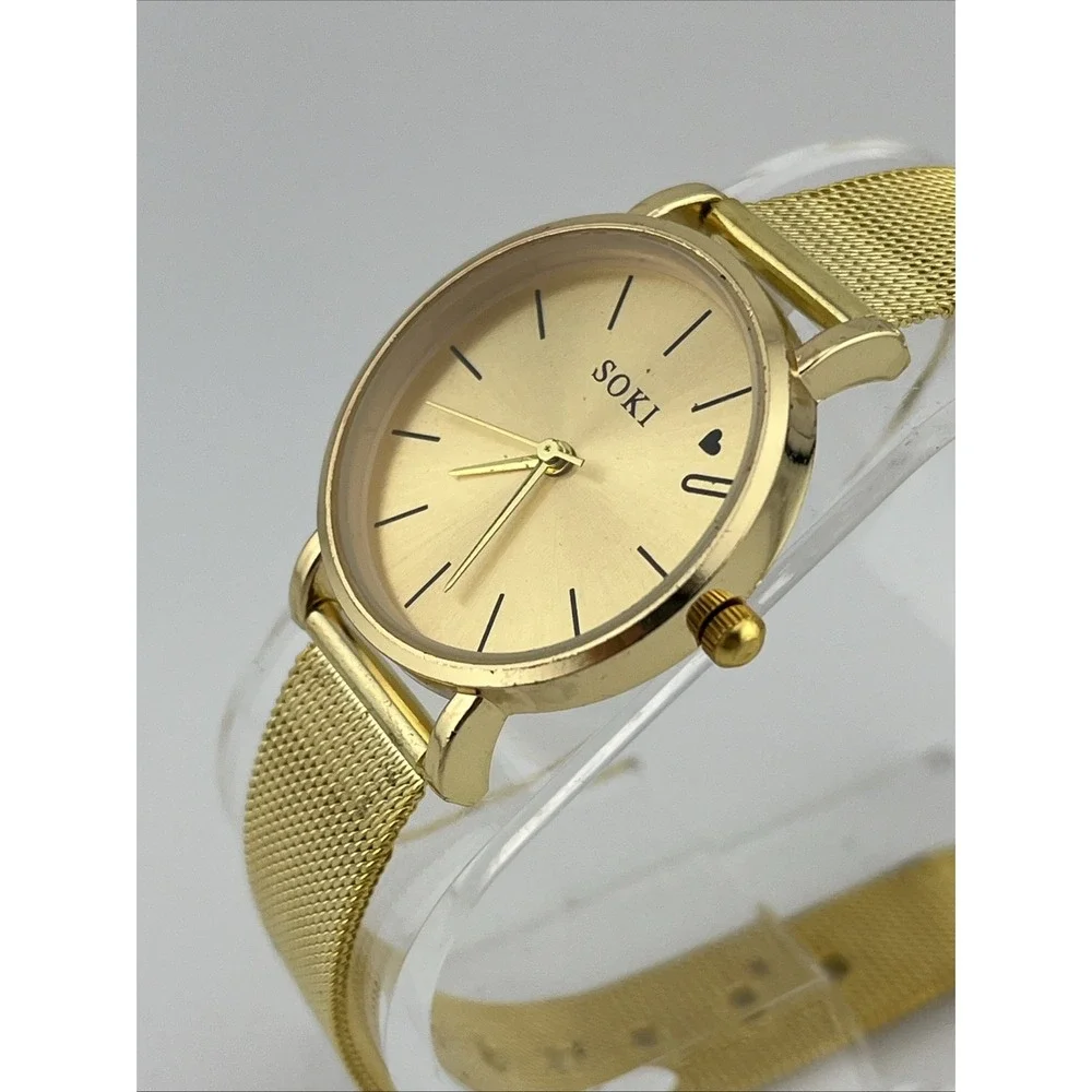 Soki‎ Watch Women 30mm Gold Case Mesh Metal Band- New Battery